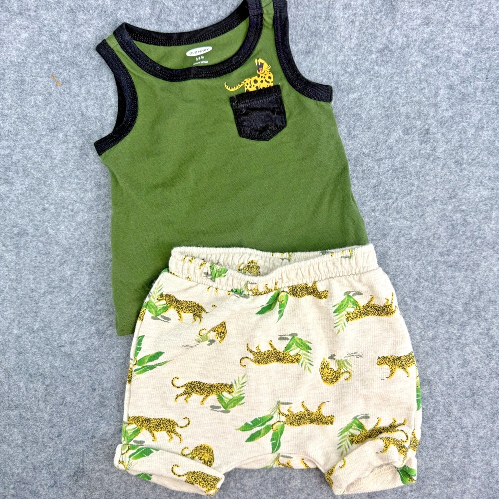 Old Navy Shorts & Tank Top Set Baby Boy 3-6 Months Green Leopard Summer Spring